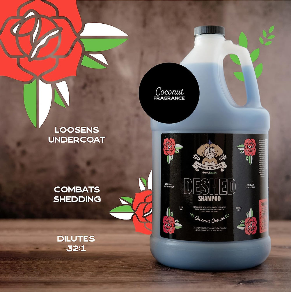 Bark2Basics Rock The Dog bottle close-up indicates undercoat loosening and odor control.