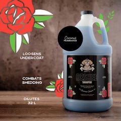 Bark2Basics Rock The Dog bottle close-up indicates undercoat loosening and odor control.