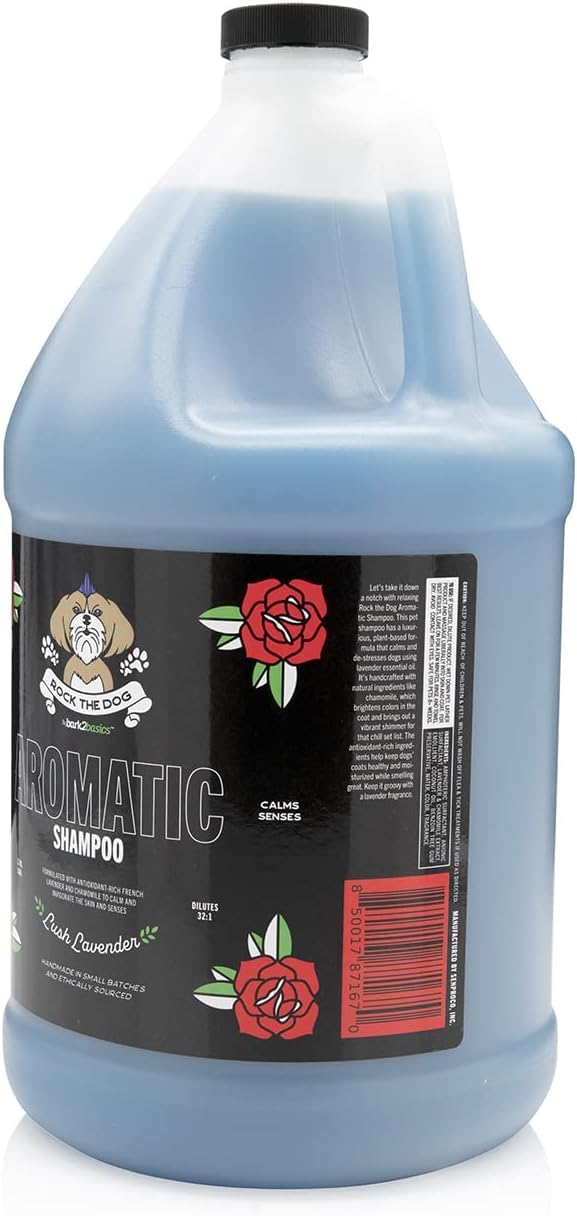 Bark2Basics Rock The Dog Shampoo label highlights 32:1 concentration and plant-based formula