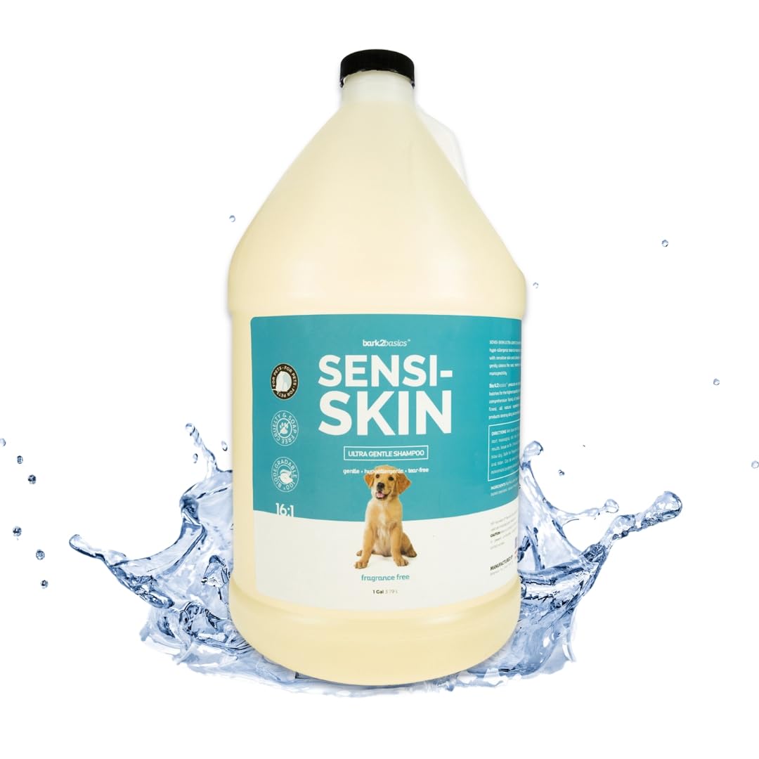 Bark2Basics Sensi-Skin shampoo bottle shown with fragrance-free formula for sensitive dog skin.
