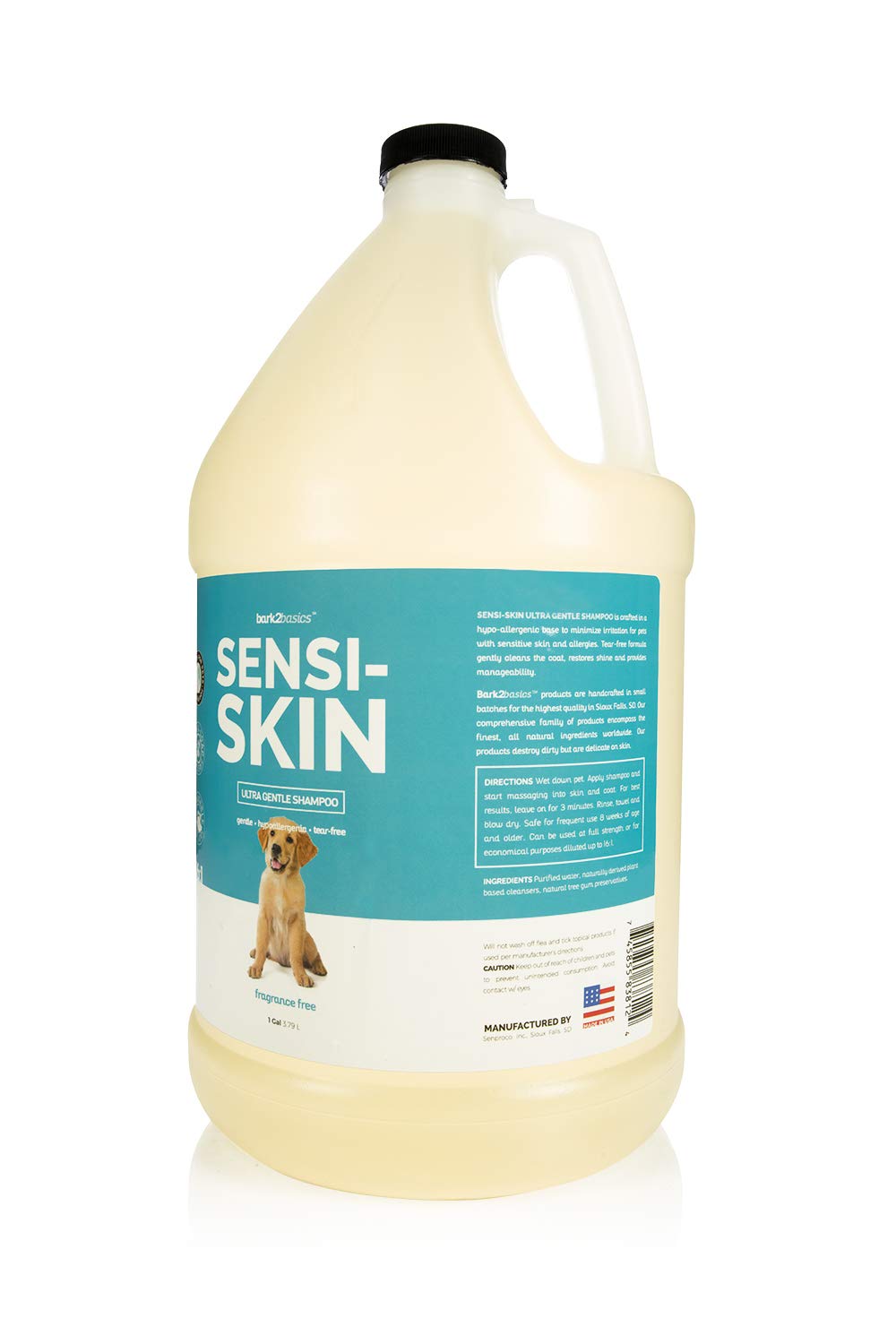Bark2Basics Sensi-Skin label close-up highlights fragrance-free, mild formula for delicate coats.