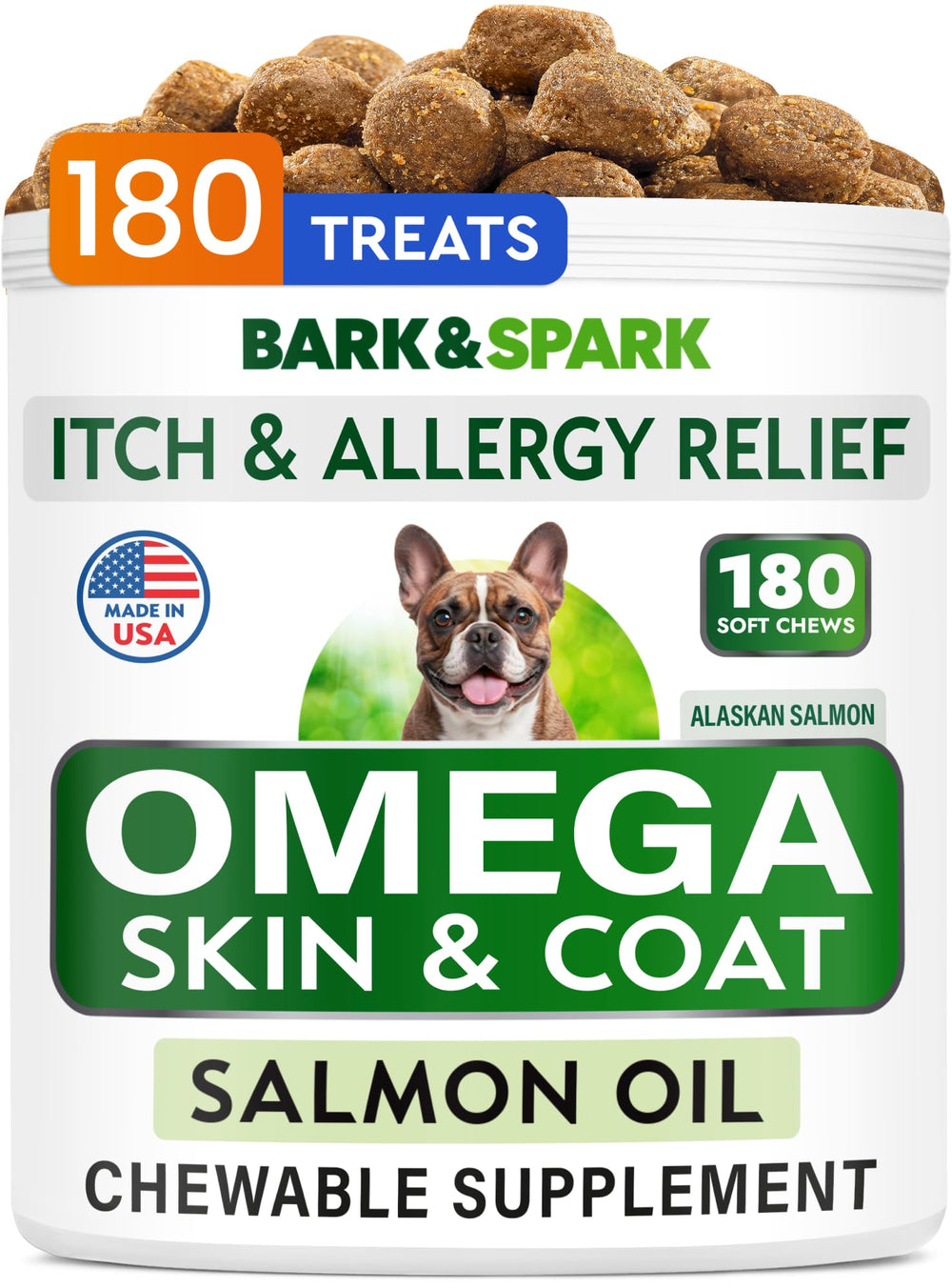 BARK&SPARK Omega 3 dog treats bottle shows premium salmon oil with potential itch relief.