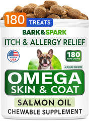 BARK&SPARK Omega 3 dog treats bottle shows premium salmon oil with potential itch relief.