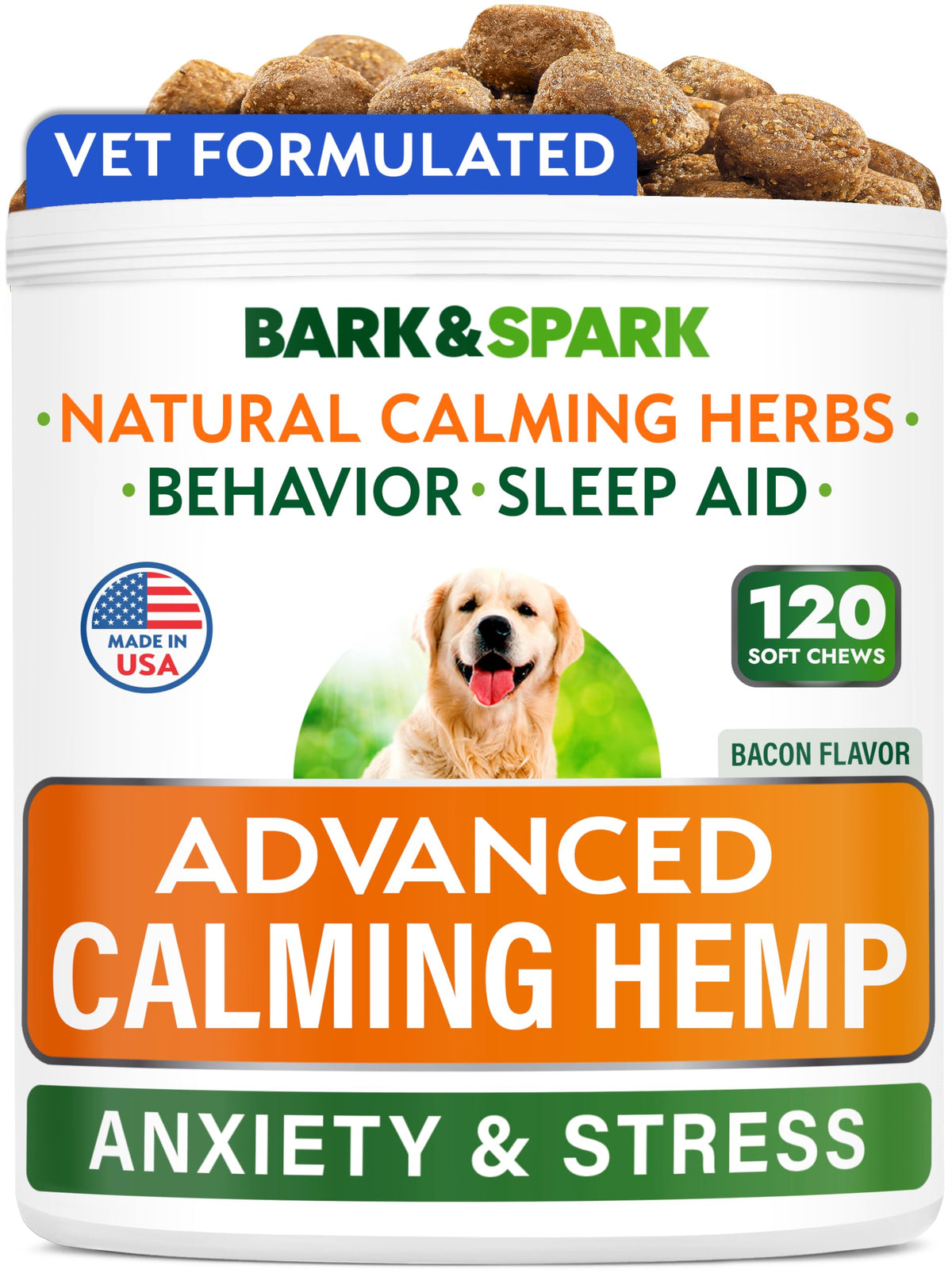 BARK&SPARK Advanced Calming Chews packaging shows SmokyBacon flavor for daily use.