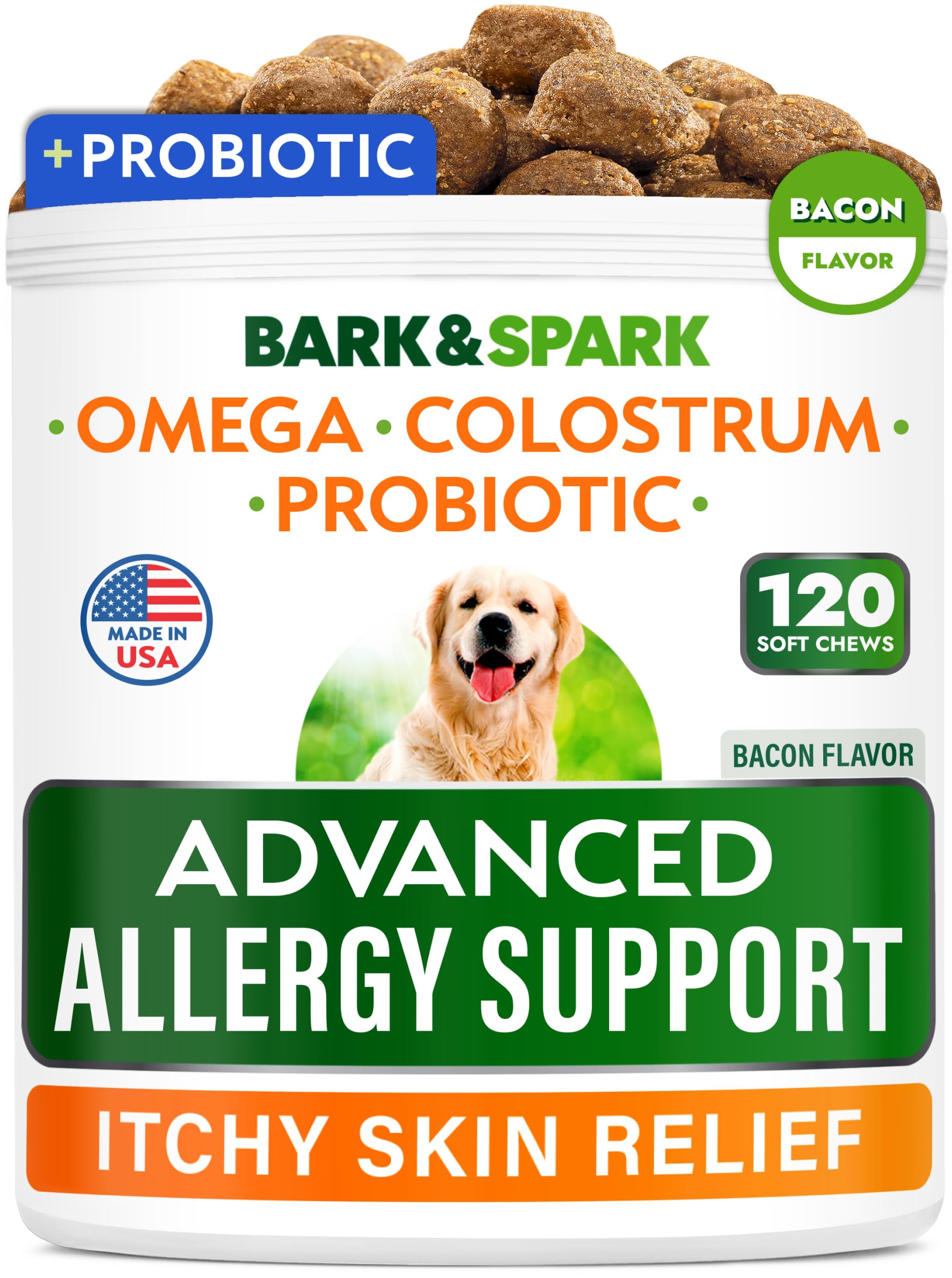 BARK&SPARK Advanced Dog Allergy Chews packaging highlights allergy support