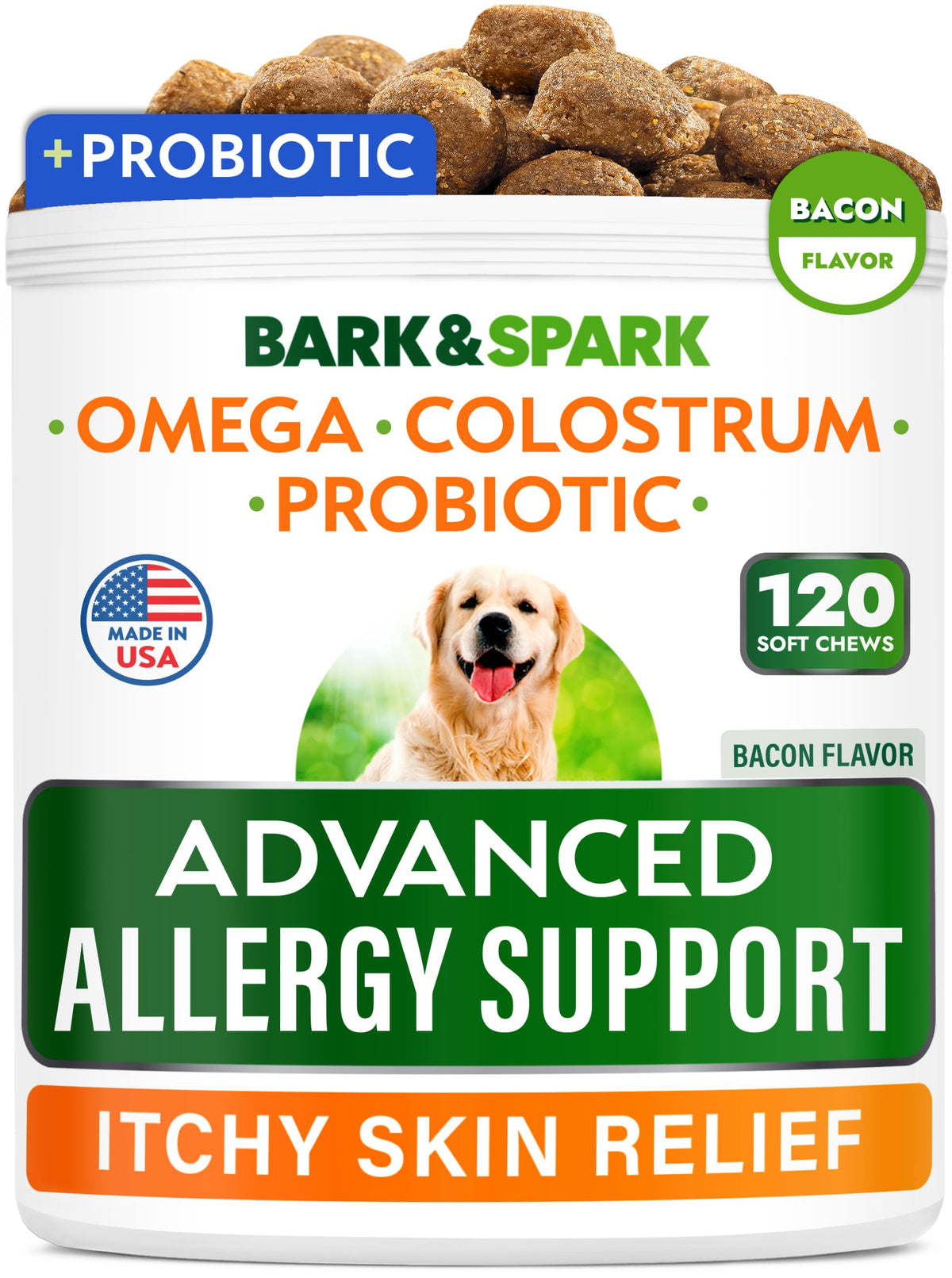 BARK&SPARK Advanced Dog Allergy Chews packaging highlights allergy support