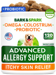 BARK&SPARK Advanced Dog Allergy Chews packaging highlights allergy support
