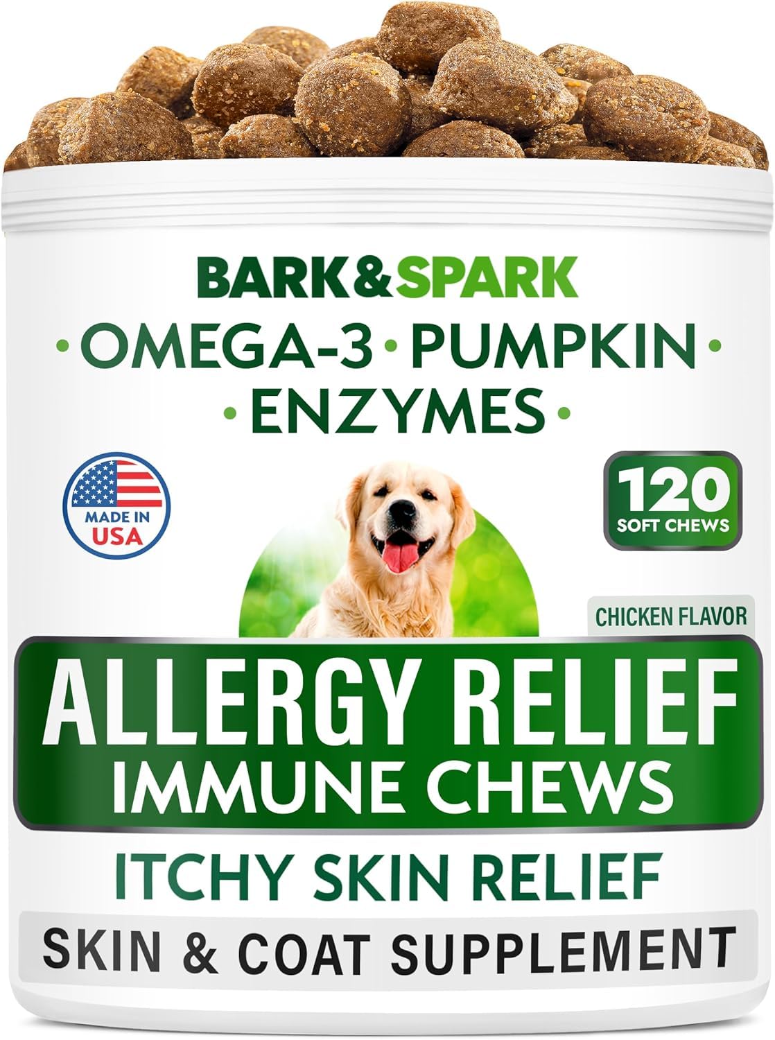 BARK&SPARK Allergy Chews jar front demonstrates easy-to-administer relief for dogs.