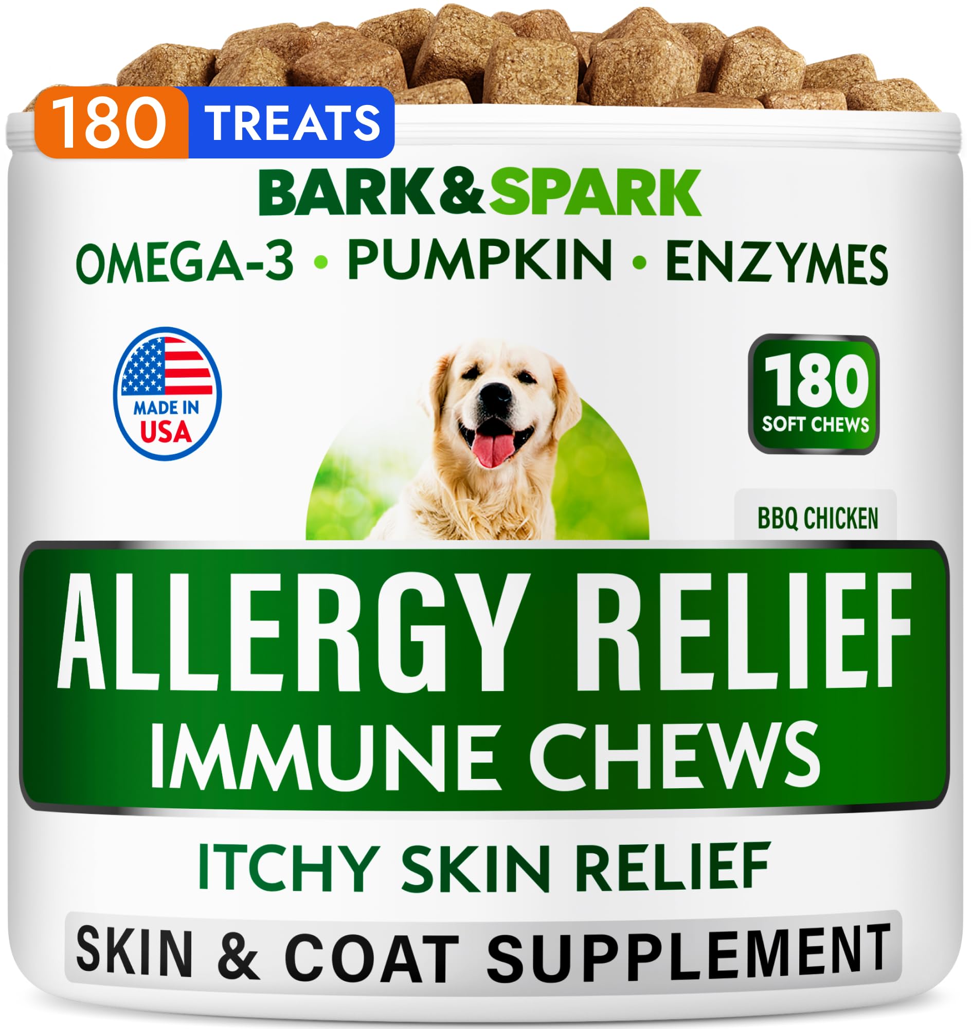 BARK&SPARK allergy relief chews jar — ample 180-count supply for ongoing care.