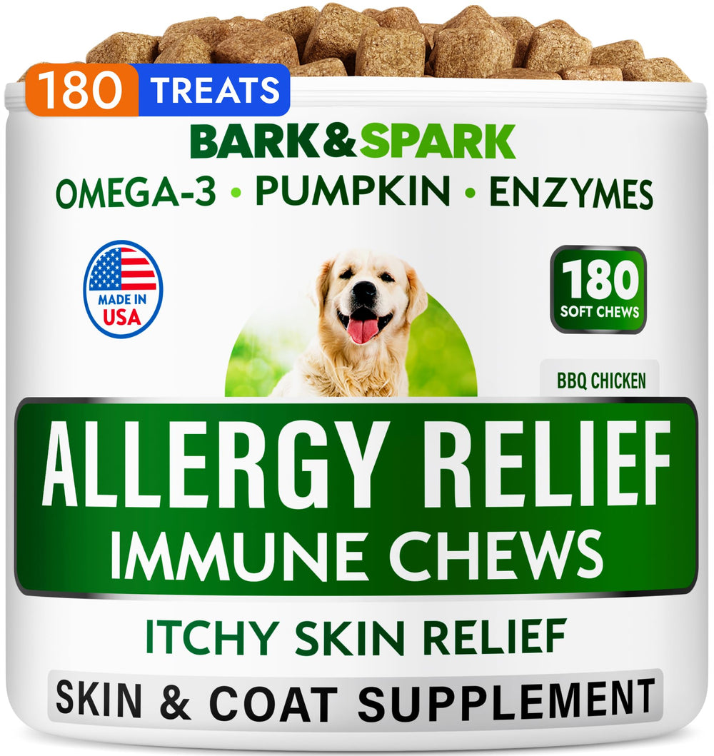 BARK&SPARK allergy relief chews jar — ample 180-count supply for ongoing care.