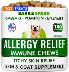 BARK&SPARK allergy relief chews jar — ample 180-count supply for ongoing care.