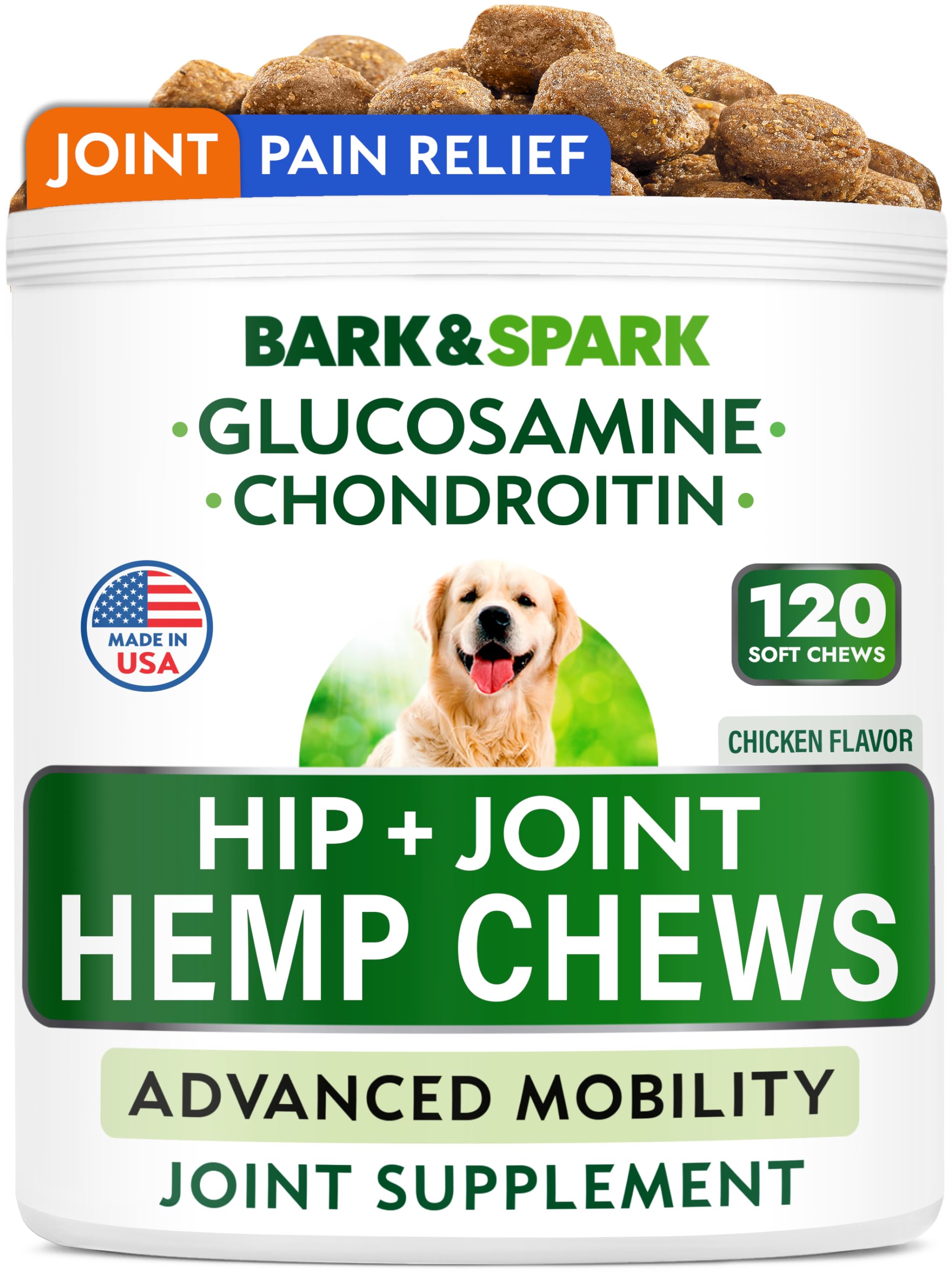 BARK&SPARK hemp hip joint chews bottle promotes canine mobility and joint comfort.
