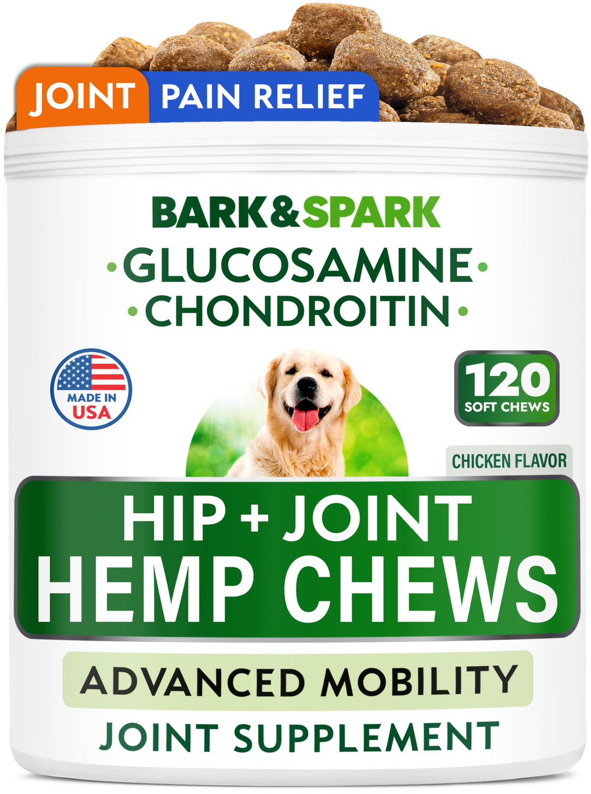 BARK&SPARK hemp hip joint chews bottle promotes canine mobility and joint comfort.