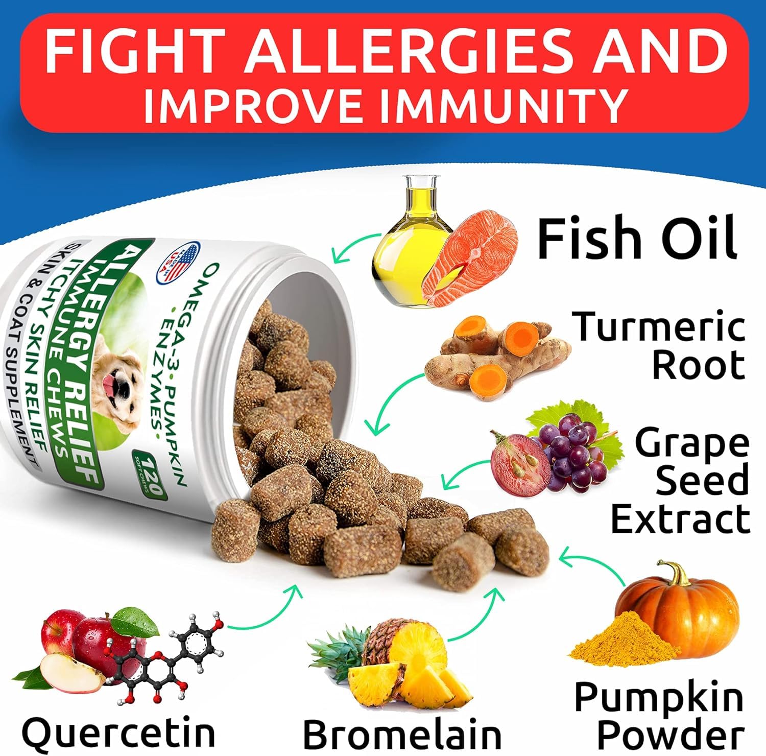 BARK&SPARK Immune-support bottle emphasizes USA-made quality and safe ingredients.