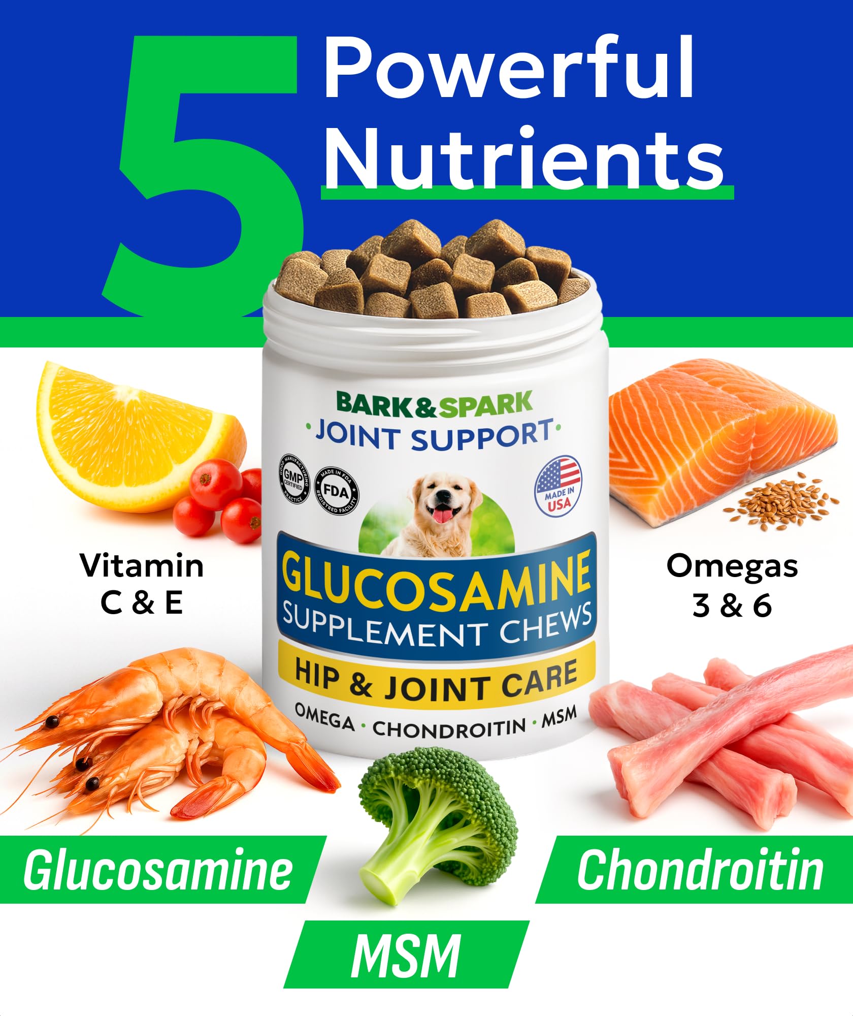 BARK&SPARK ingredients panel highlights glucosamine, chondroitin, MSM, and omega-3-6 for mobility