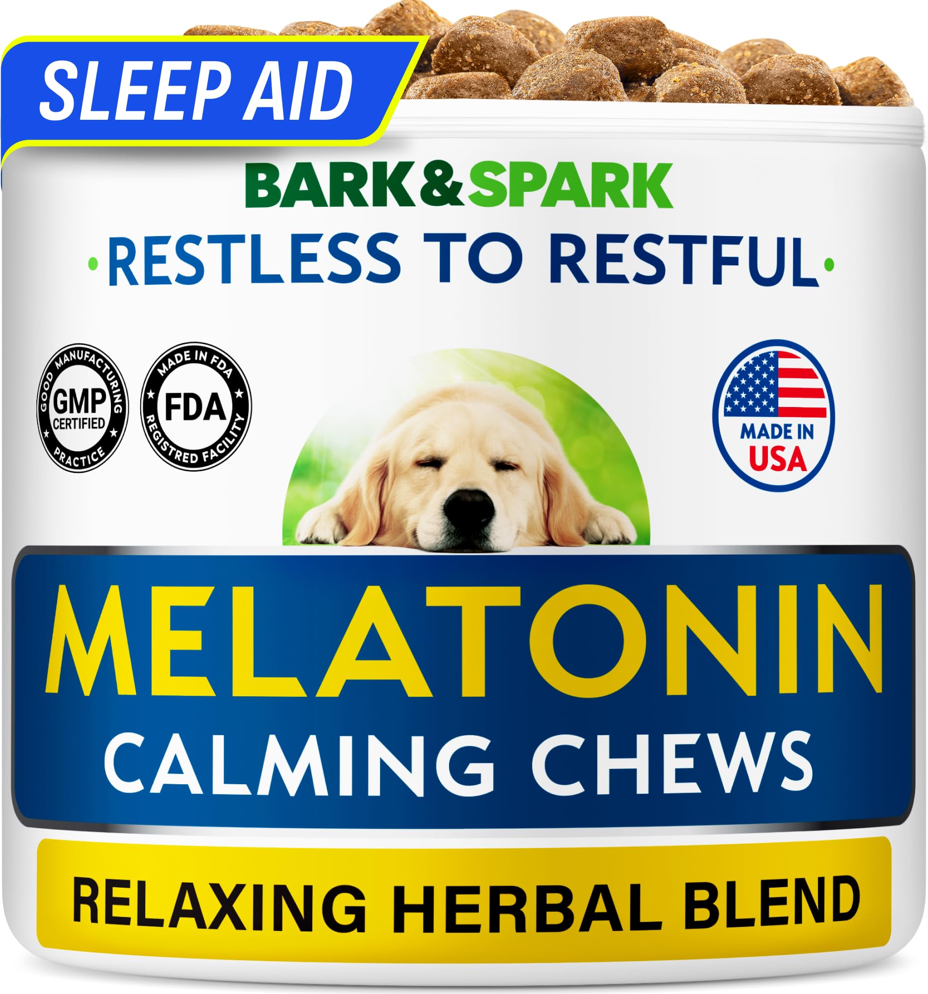 BARK&SPARK melatonin dog chews bottle promotes calm during travel and vet visits.