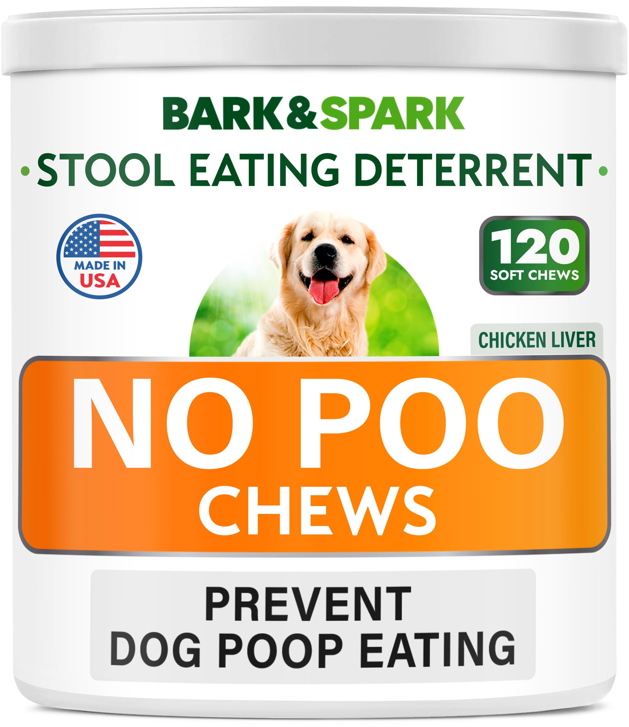 BARK&SPARK No Poo Treats bottle illustrates digestion-supporting formula for dogs.