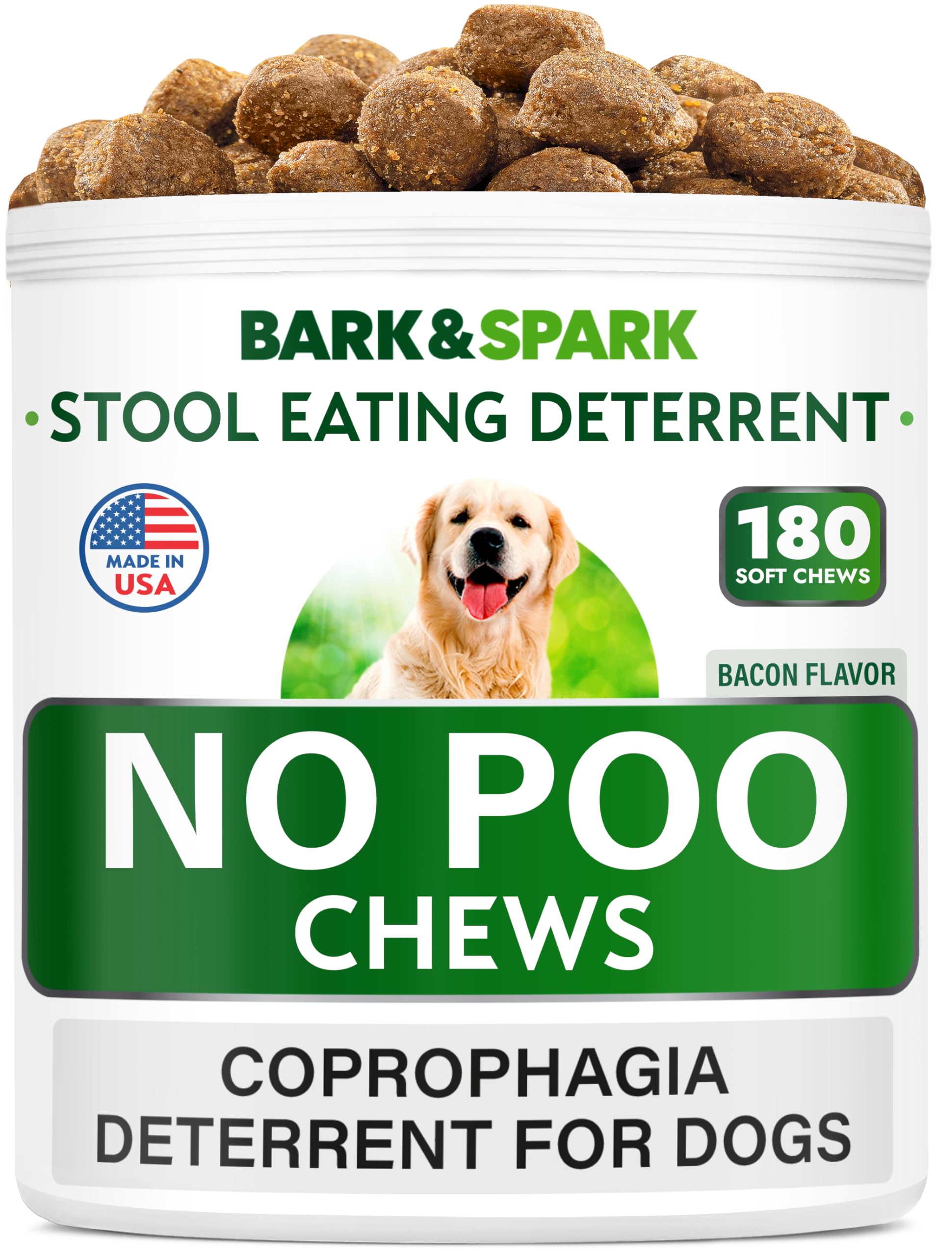 BARK&SPARK No Poo Treats packaging highlights USA-made digestive support.