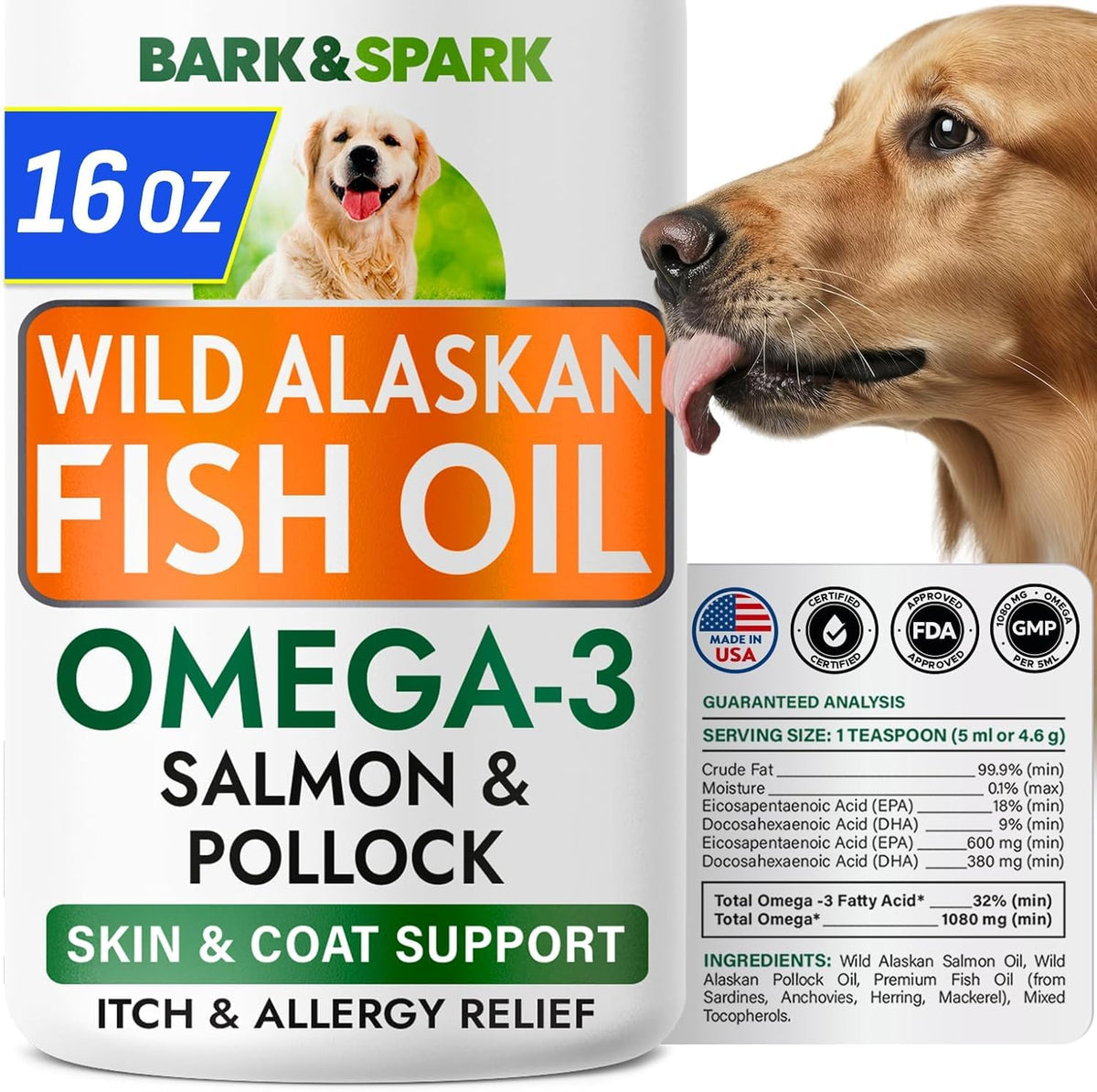 BARK&SPARK Omega3 dog bottle pour demonstrates simple dosing for healthier skin and coat.