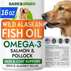 BARK&SPARK Omega3 dog bottle pour demonstrates simple dosing for healthier skin and coat.