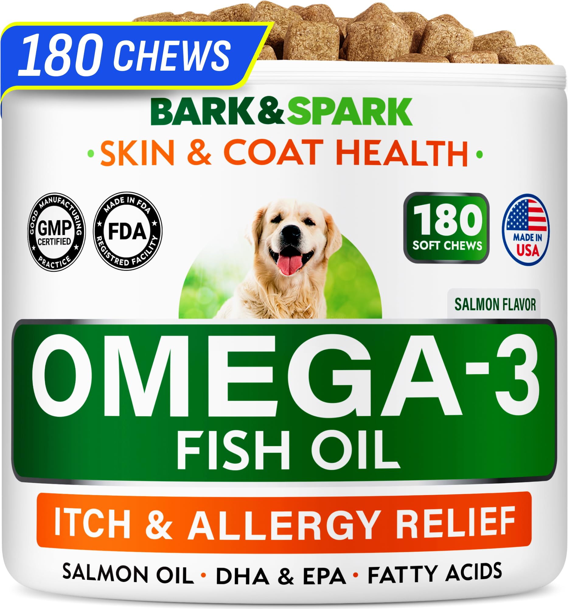 BARK&SPARK Omega-3 dog treats jar highlighting salmon oil for skin and coat support.