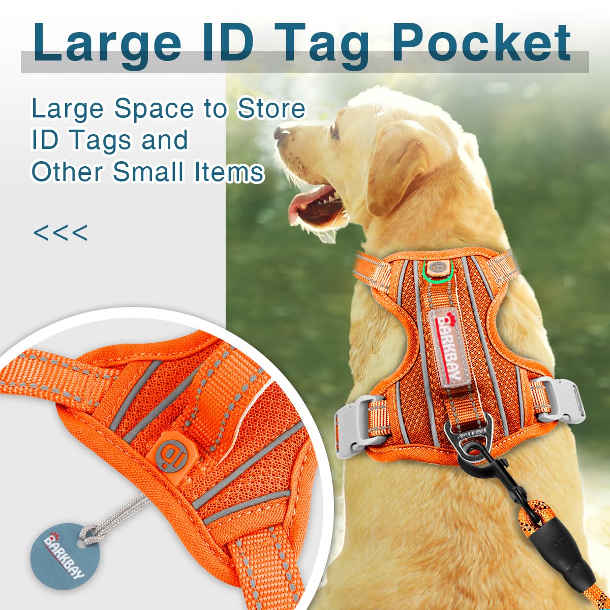 BARKBAY harness ID pocket closeup shows securely accessible dog tag storage.