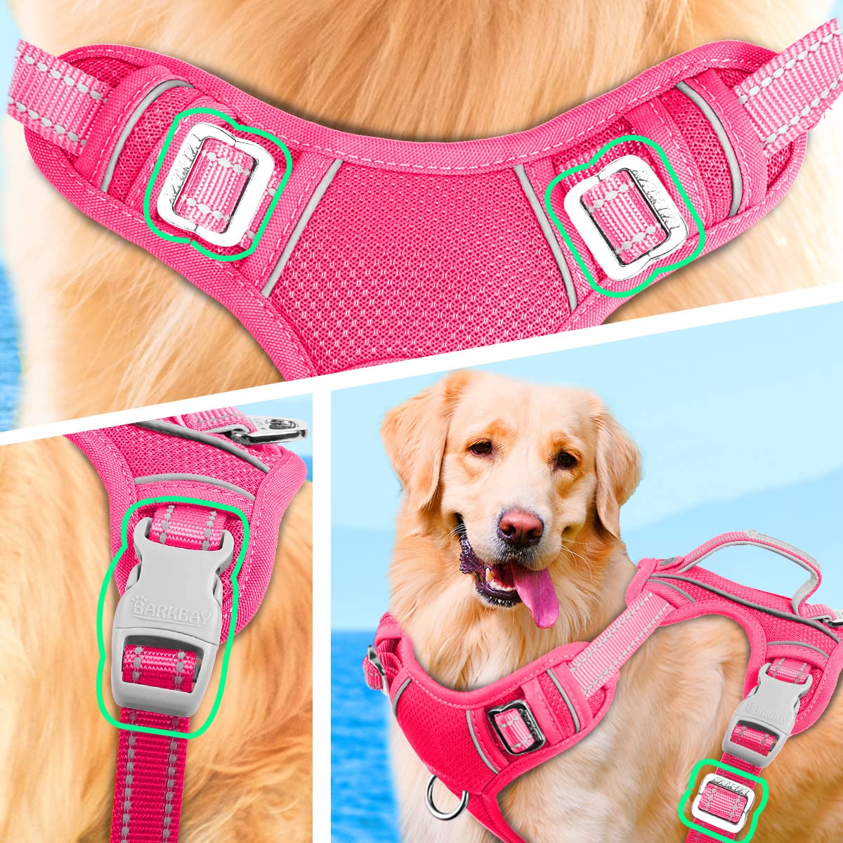 BARKBAY easy-on-off design on pink harness for quick wear