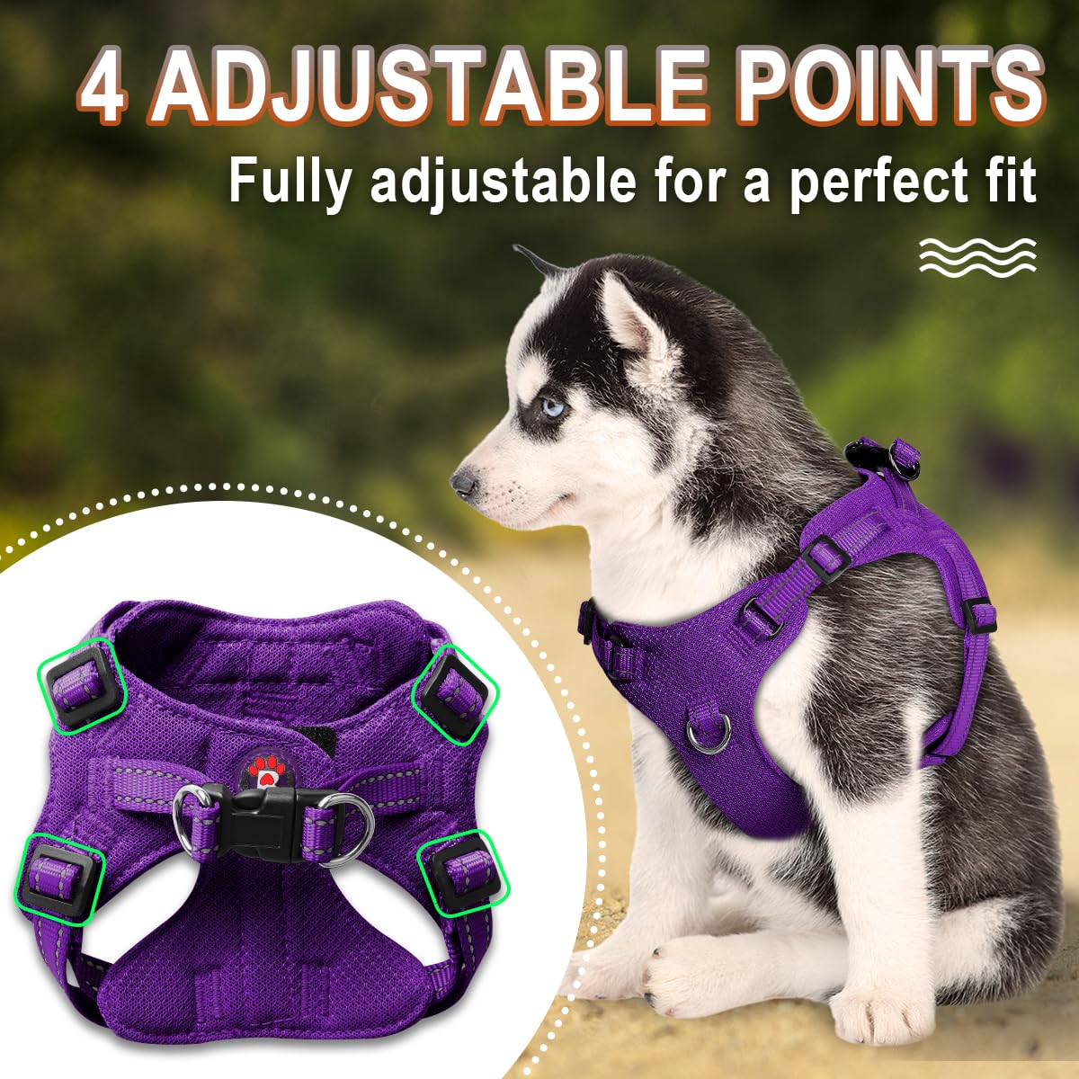 BARKBAY four-point adjustable harness ensures perfect fit.