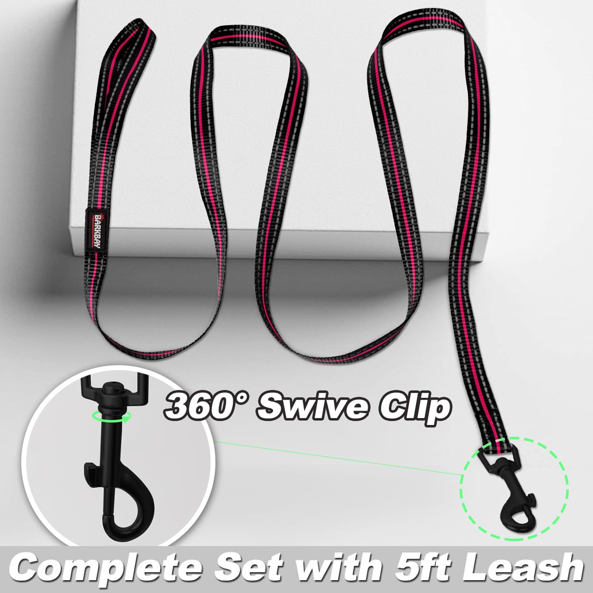 BARKBAY night-visibility leash pink, complements step-in set for dark walks