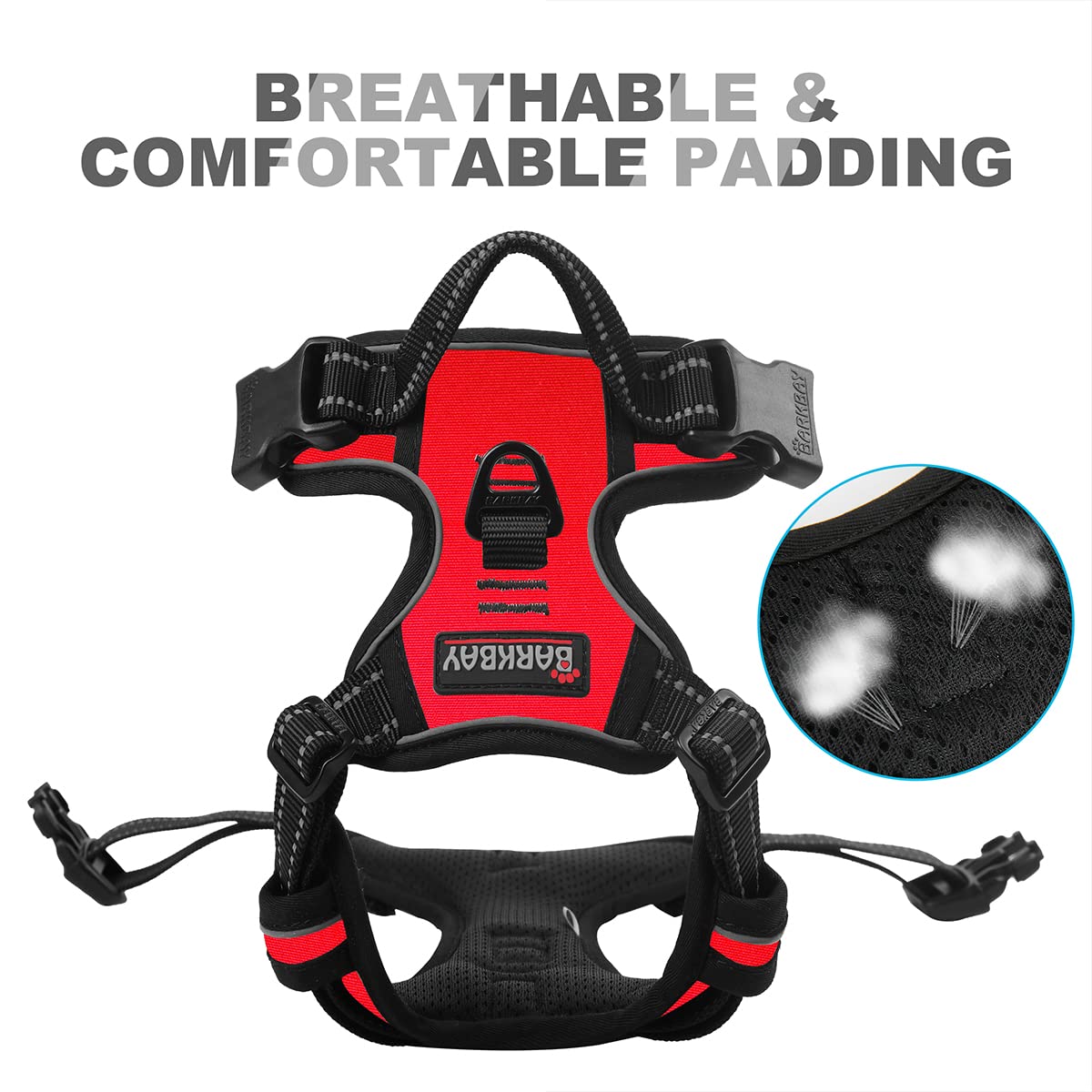 BARKBAY front clip harness adjustable points red for near-custom fit.