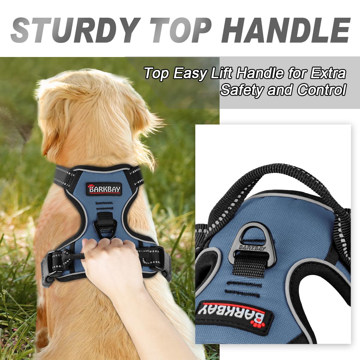 BARKBAY No Pull Harness back attachment navy supports flexible leash options.
