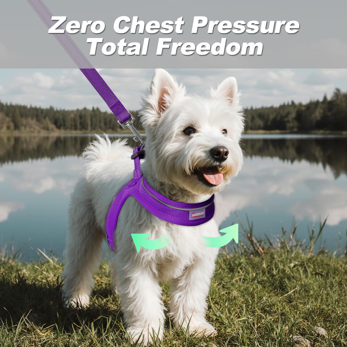 BARKBAY step-in harness purple side view shows adjustable straps for secure fit.