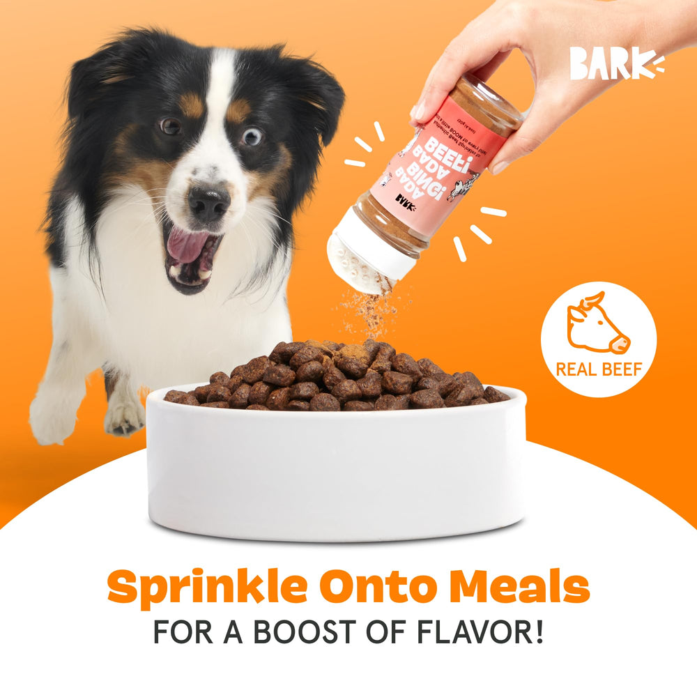 Barkbox Bada Bing Beef Topper ingredients-closeup highlights two-ingredient beef and rosemary mix.