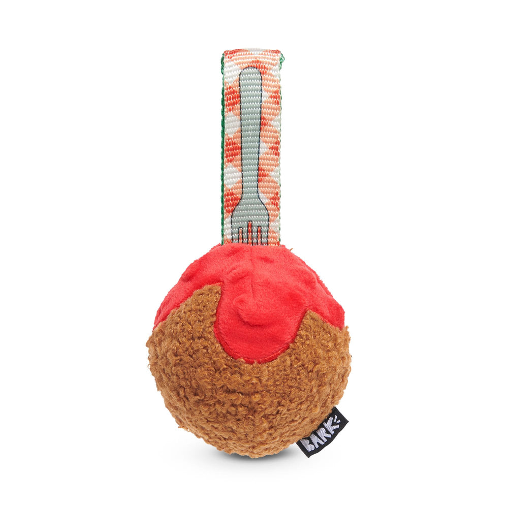 BarkBox BARK A Squeaky Meat-A-Ball toy front view promotes active play and enrichment