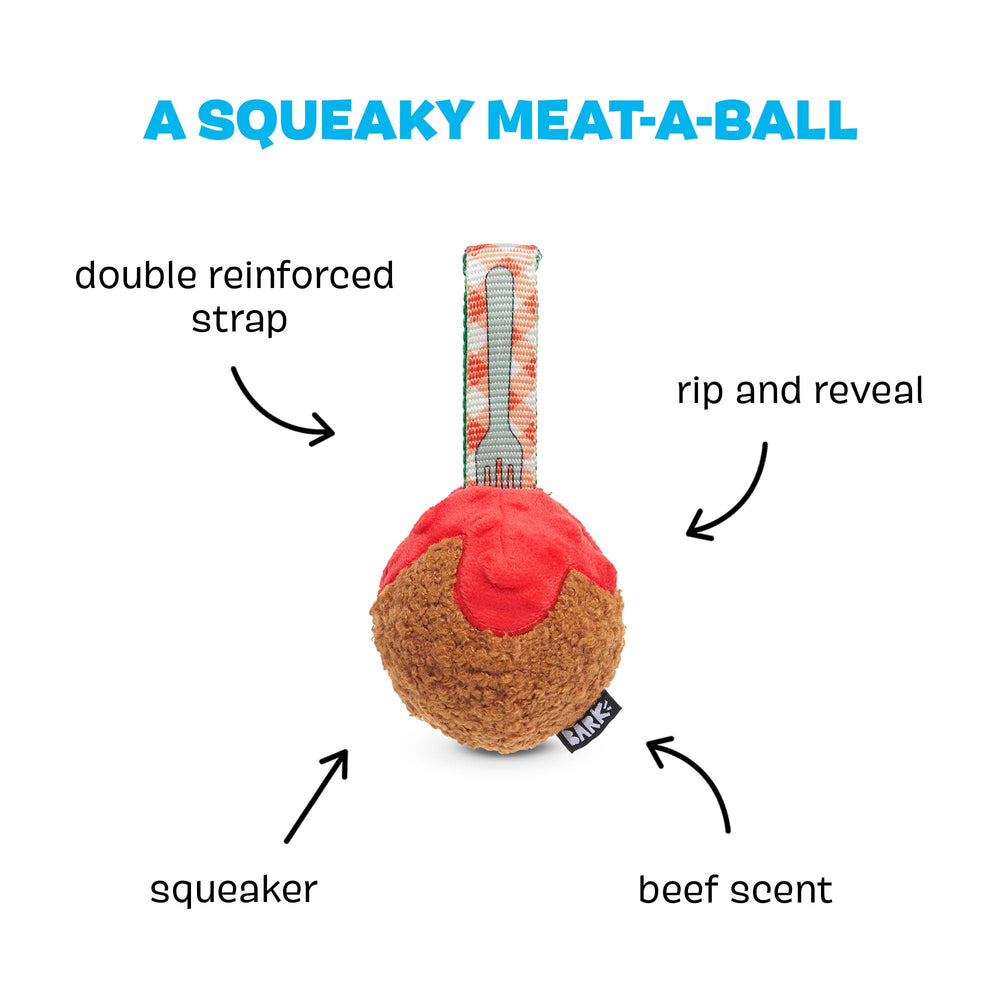 BarkBox BARK A Squeaky Meat-A-Ball rip layer close-up reveals extra play value