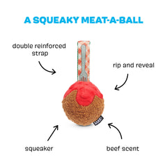 BarkBox BARK A Squeaky Meat-A-Ball rip layer close-up reveals extra play value