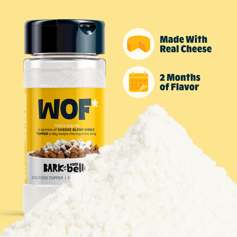 Barkbox Belly Cheese Topper serving dog bowl shows sprinkle-ready meal upgrade.