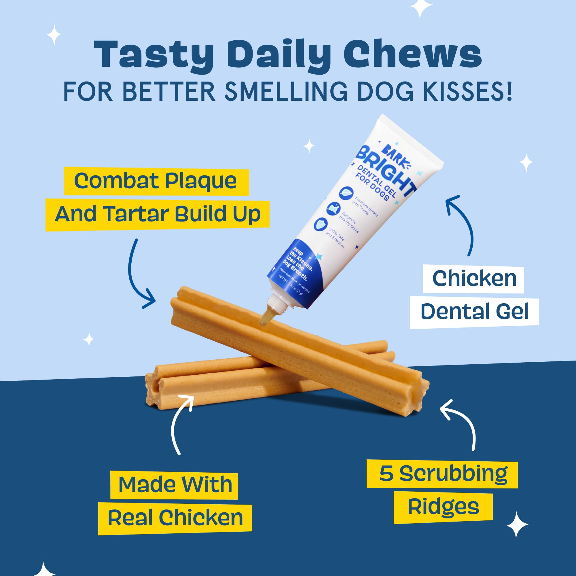 BarkBox Bright dental chews close-up showing ridged sticks for plaque control