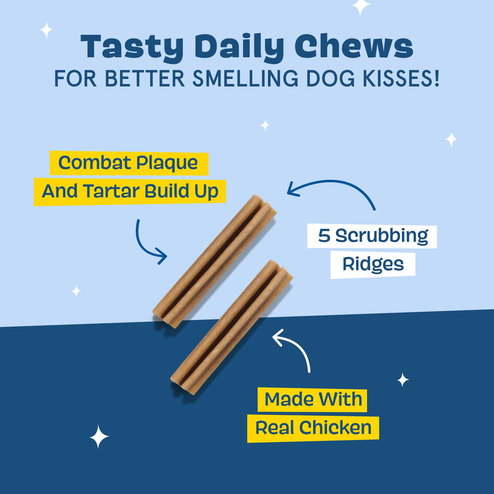 Barkbox Bright dental sticks being chewed, highlighting durability for determined chewers.