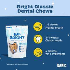 Barkbox Bright dental sticks shown with packaging, indicating convenient daily use for routines.