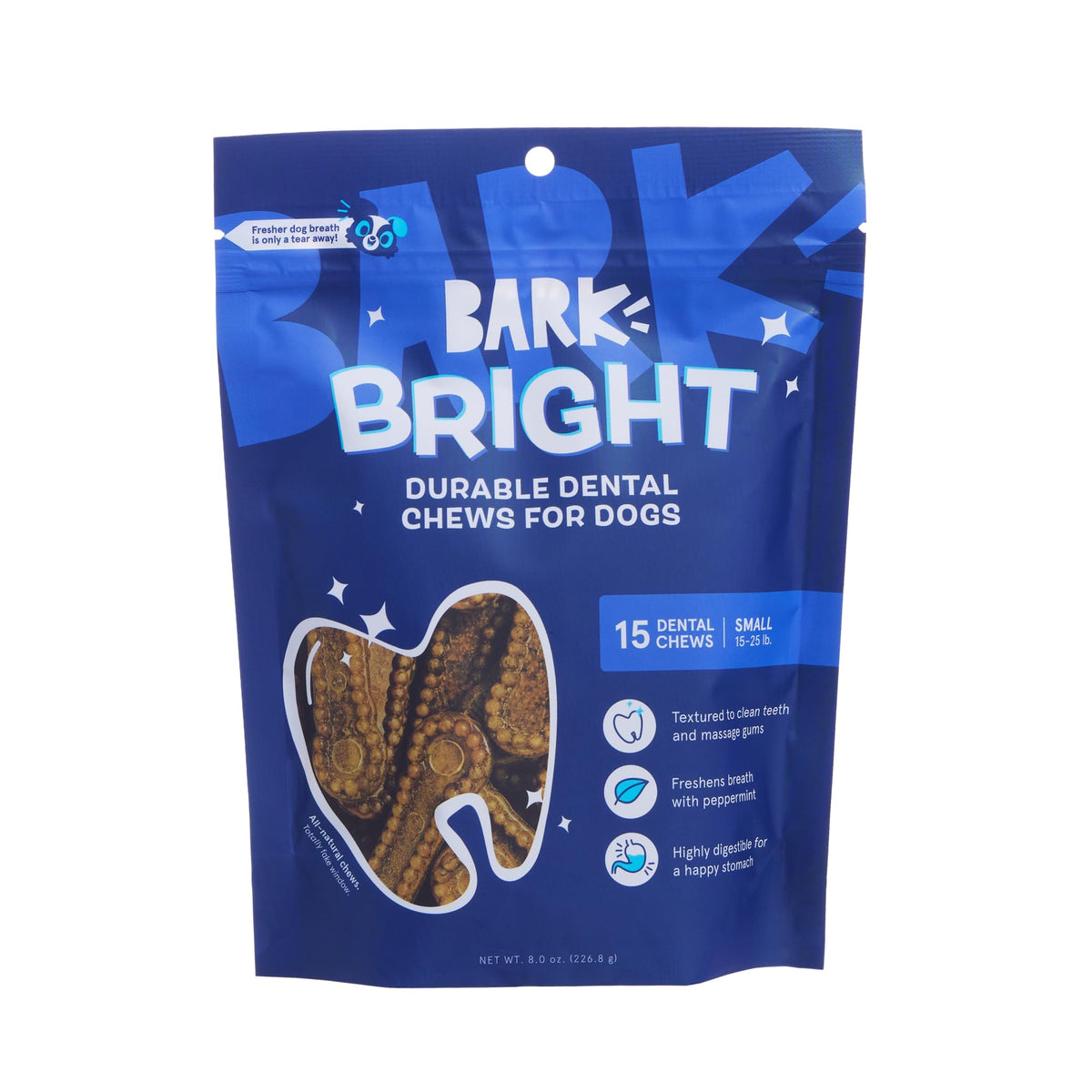Barkbox Bright Durable Dental Chews pack shows durable sticks for small dogs' dental routines.