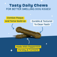 Barkbox Bright Durable Dental Chews stick closeup highlights ridges for thorough chewing sessions.