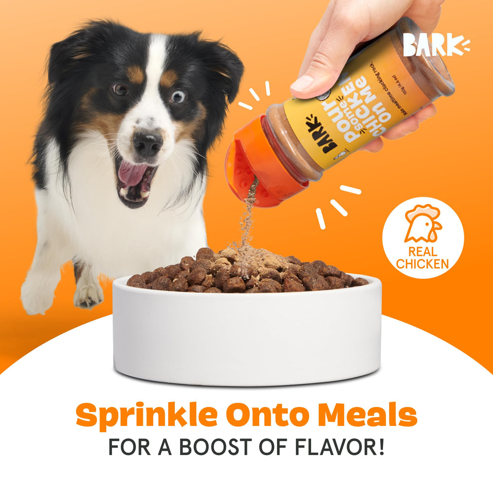 BarkBox Chicken Topper flakes sprinkled on kibble for easy flavor and texture boost.