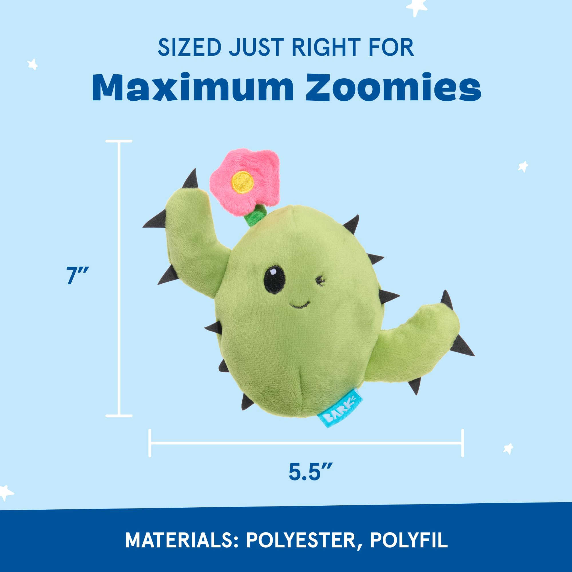 BarkBox Consuela the Cactus crinkle detail adds texture for sensory exploration during fetch