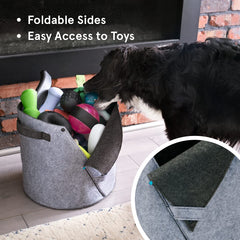 BarkBox felt storage bin with foldable side for easy access to toys