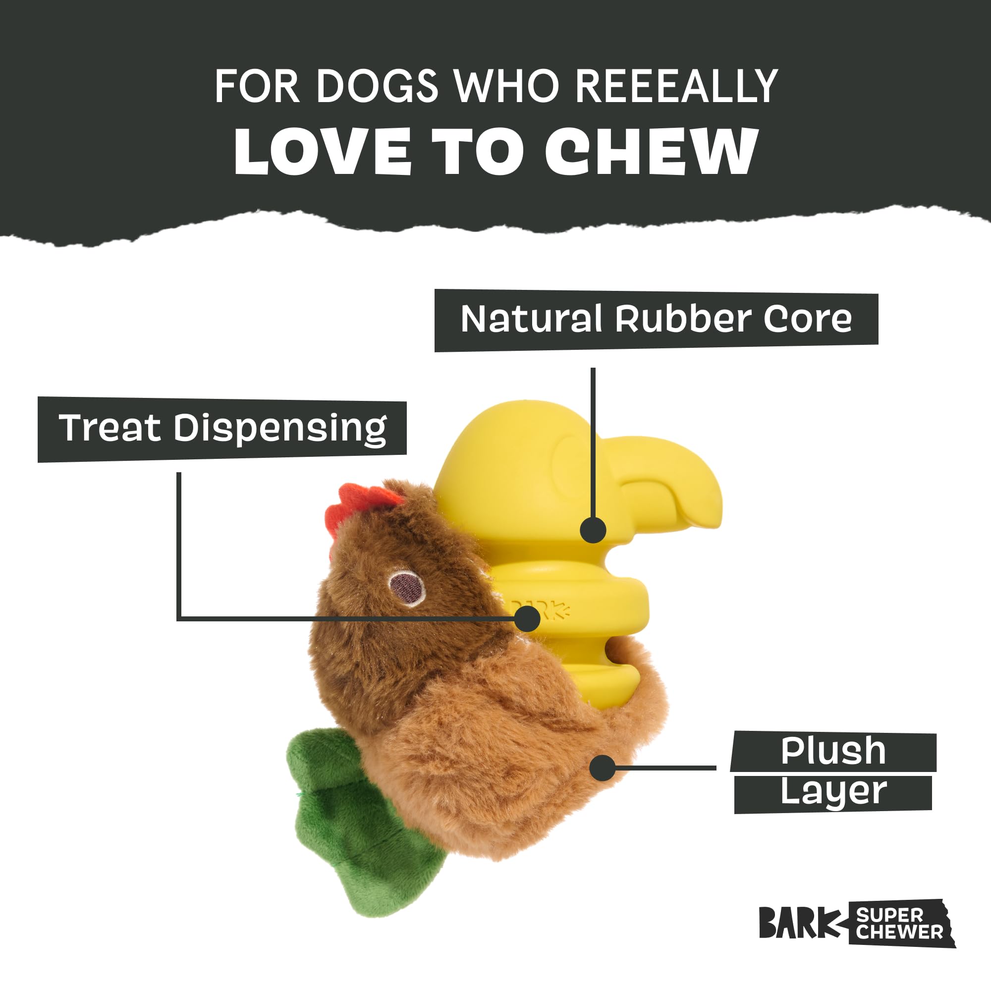 Barkbox Fowl Play rubber-core image showing treat pocket for rewards