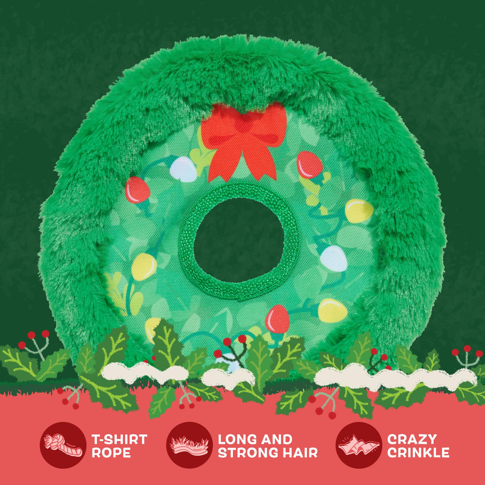 BarkBox Get Lit Wreath long plush hair provides texture with no mess.