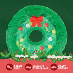 BarkBox Get Lit Wreath long plush hair provides texture with no mess.