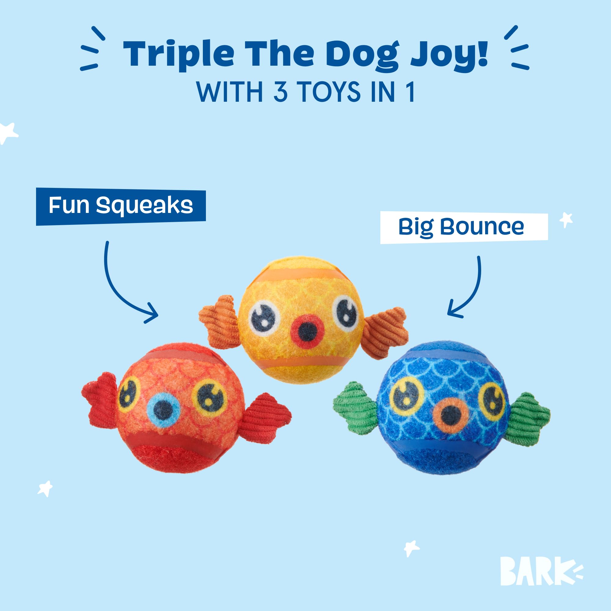 Barkbox Guppies Trio fetch-ready balls enable engaging outdoor play sessions.