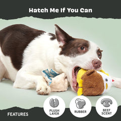 BarkBox Hatch Me If You Can bouncy ball inside supports fetching and active play.